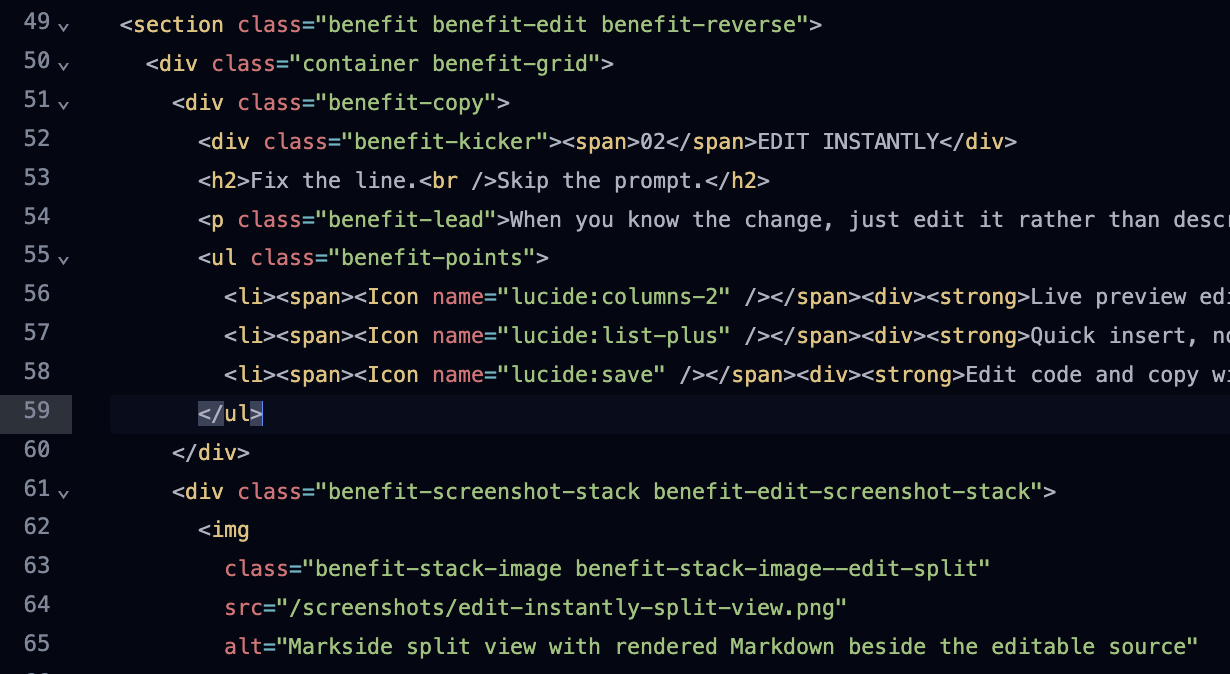 Dark Markside editor showing syntax-highlighted Astro markup