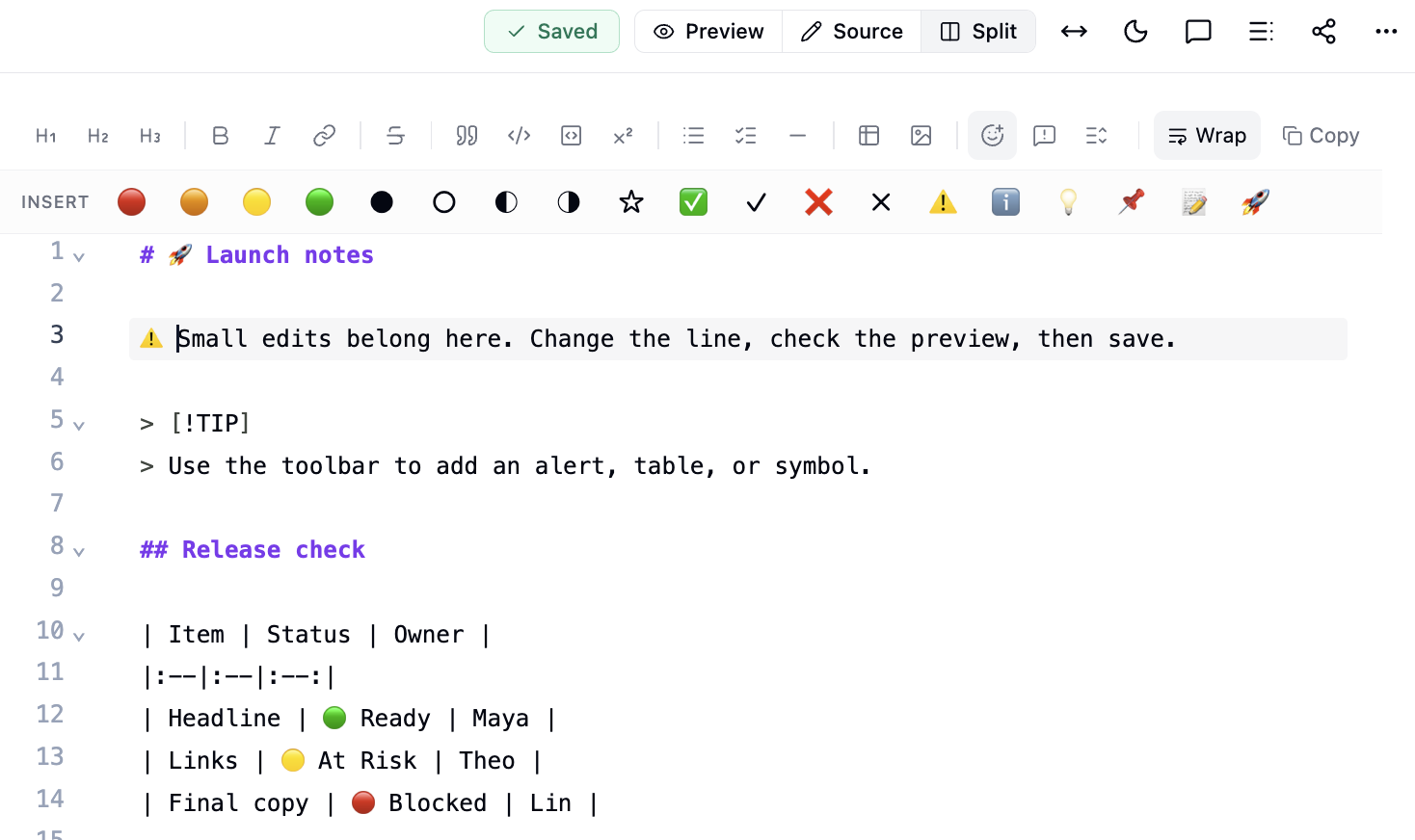Markside source editor with the quick-insert row open and a saved file