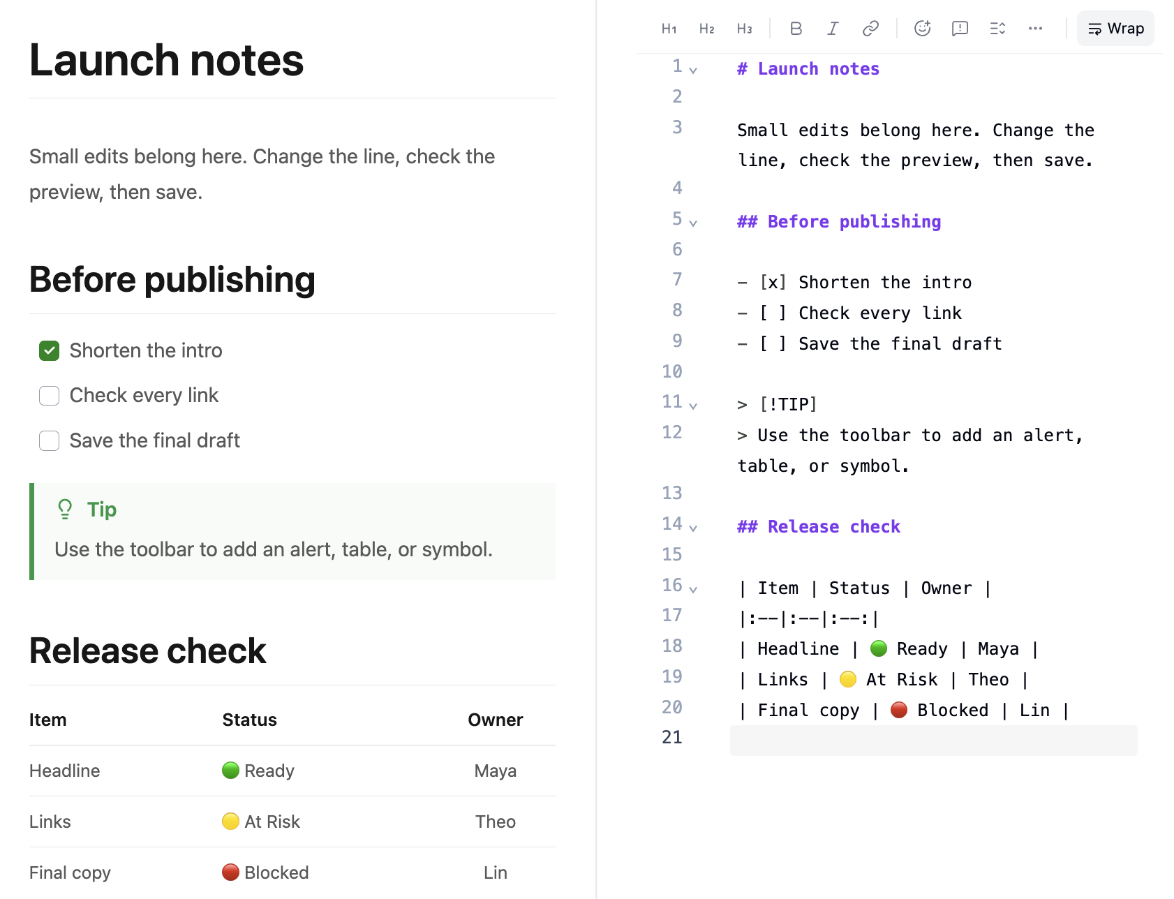 Markside split view with rendered Markdown beside the editable source