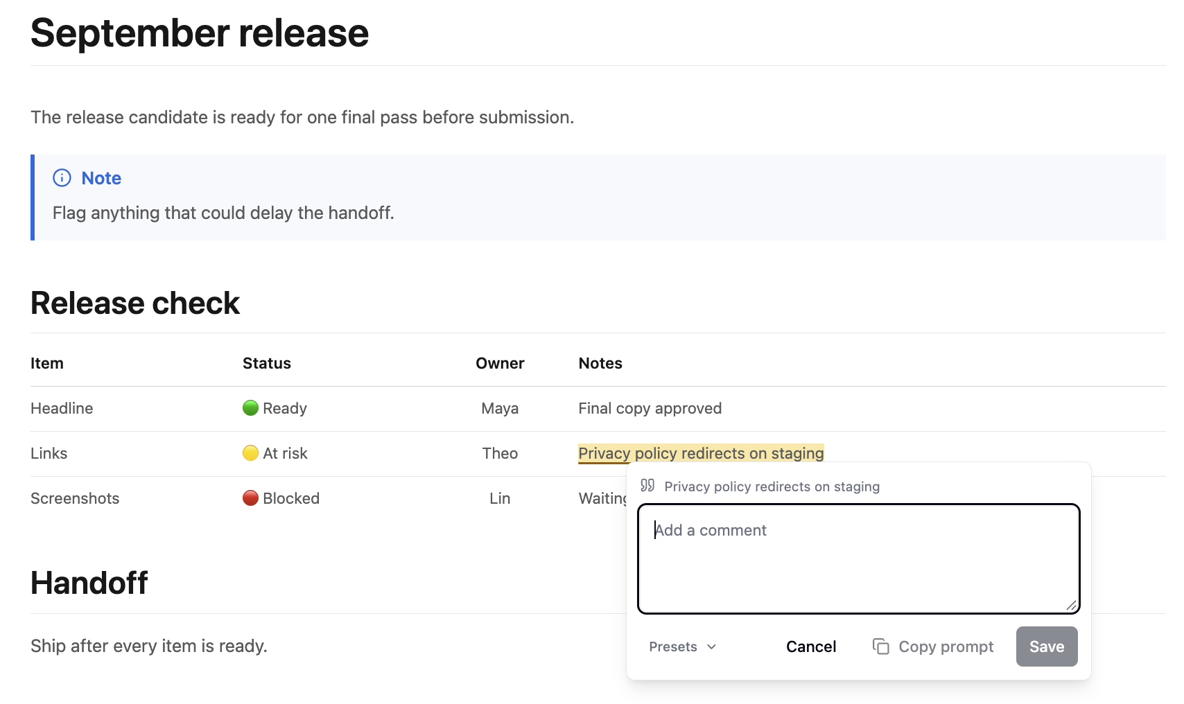 Markside inline comment composer anchored to a release checklist table cell