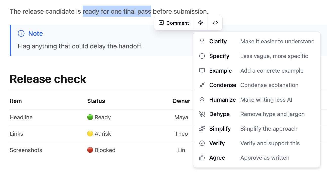 Markside quick feedback presets open beside a selected sentence