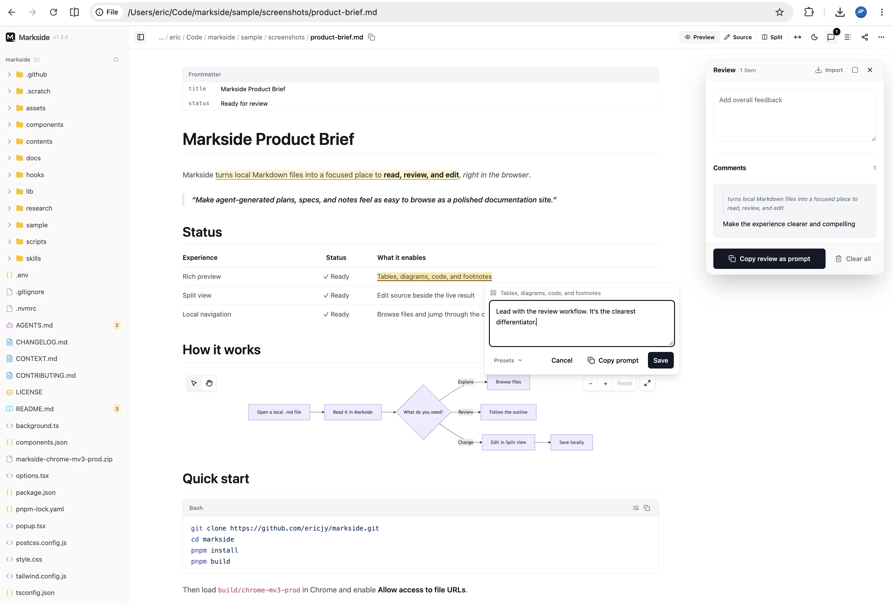 Markside displaying a local product brief with highlighted text, an inline comment composer, and a review ready to copy as an agent prompt