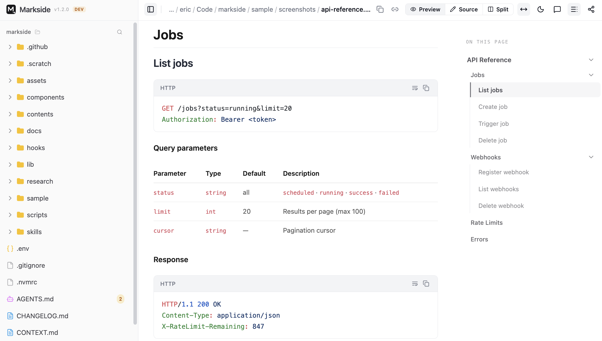 Markside showing a local Markdown API reference with a file tree and document outline