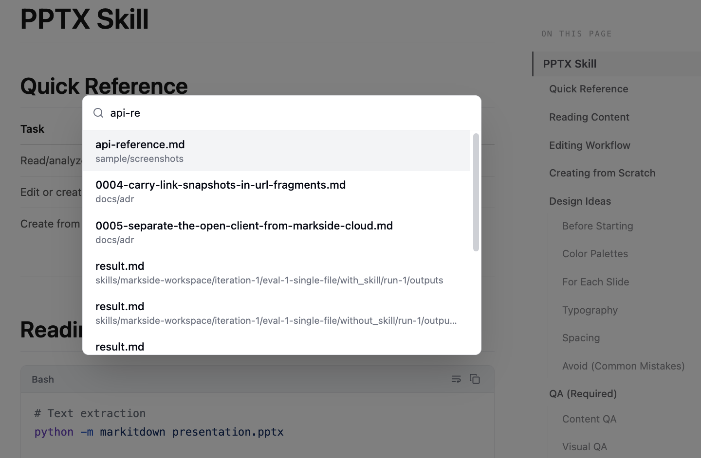 Markside quick file switcher finding api-reference.md across the open folder