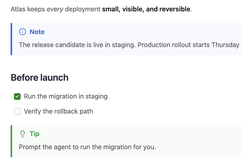 Rendered Markdown with bold text, note and tip callouts, and a task checklist